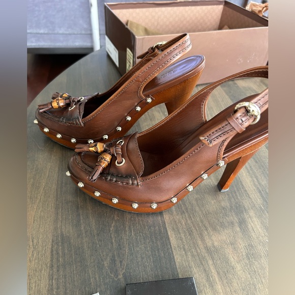 Authentic GUCCI Scar Pelle S Gomma Brown Slingbacks size 8 in original box - Picture 12 of 14